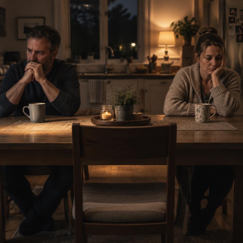 Two worried parents sitting apart at a kitchen table late at night with an empty chair between them