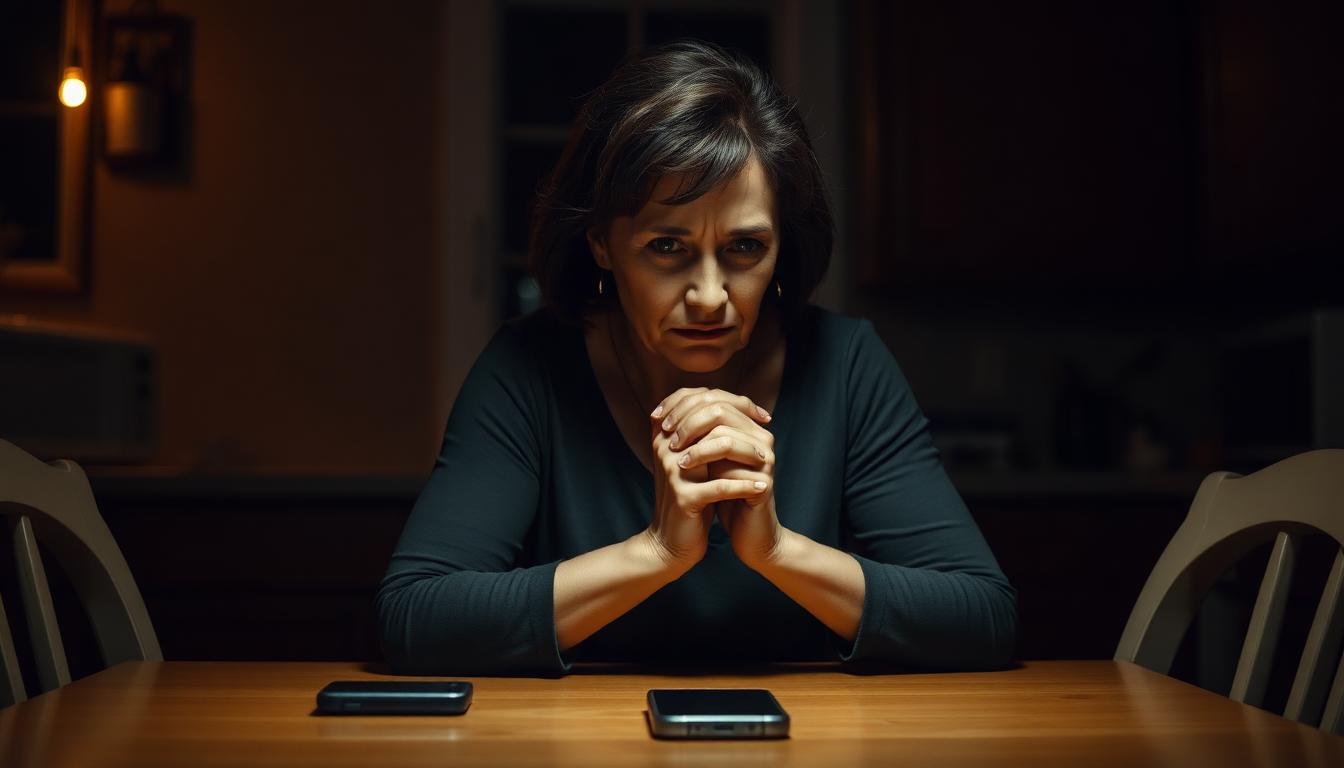 A mother sitting alone at a kitchen table at night with hands clasped, representing the painful strength of tough love boundaries