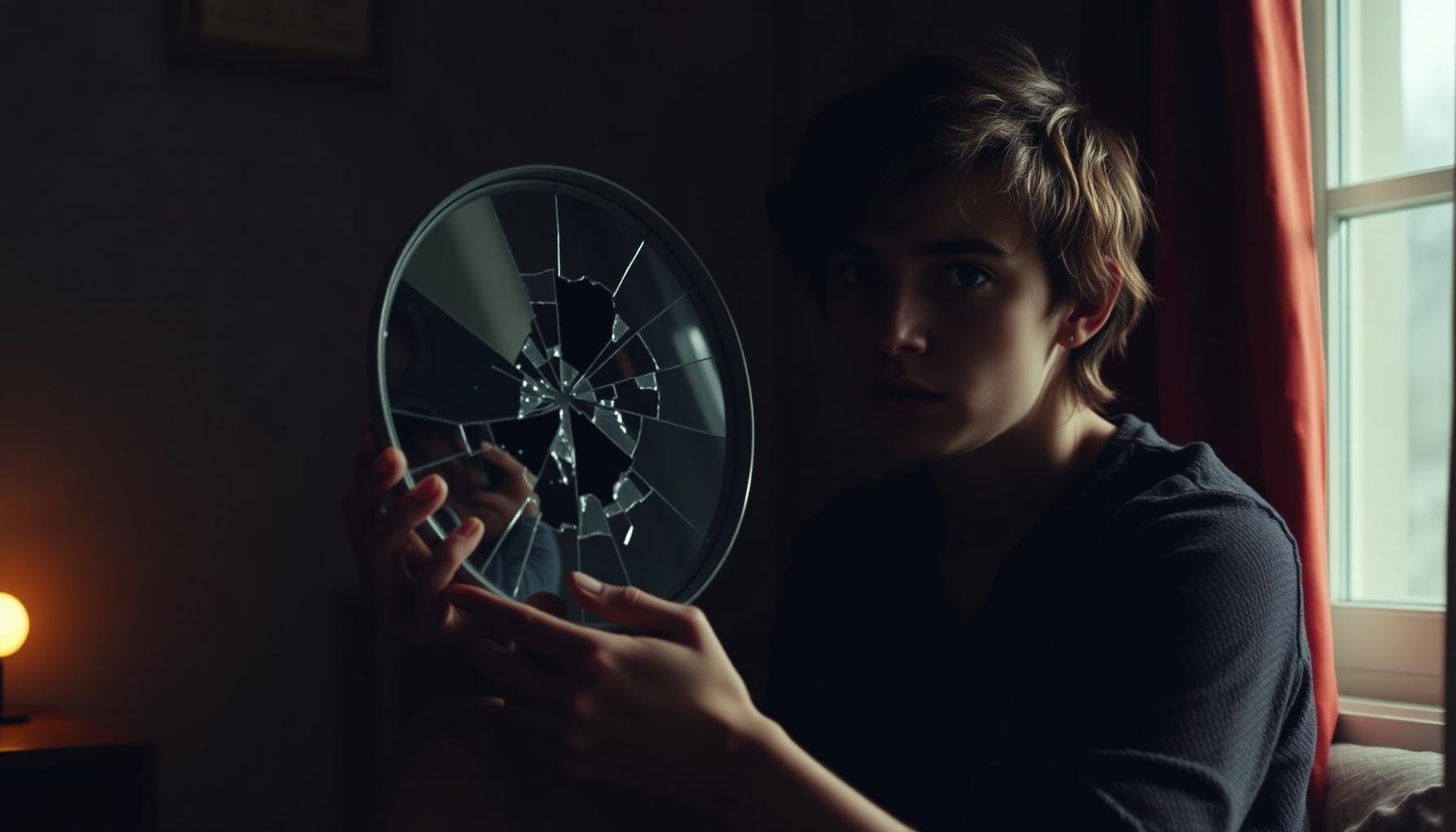 Young adult sitting in a dimly lit room with a cracked mirror reflecting fragmented memories, symbolizing unresolved trauma beneath addiction