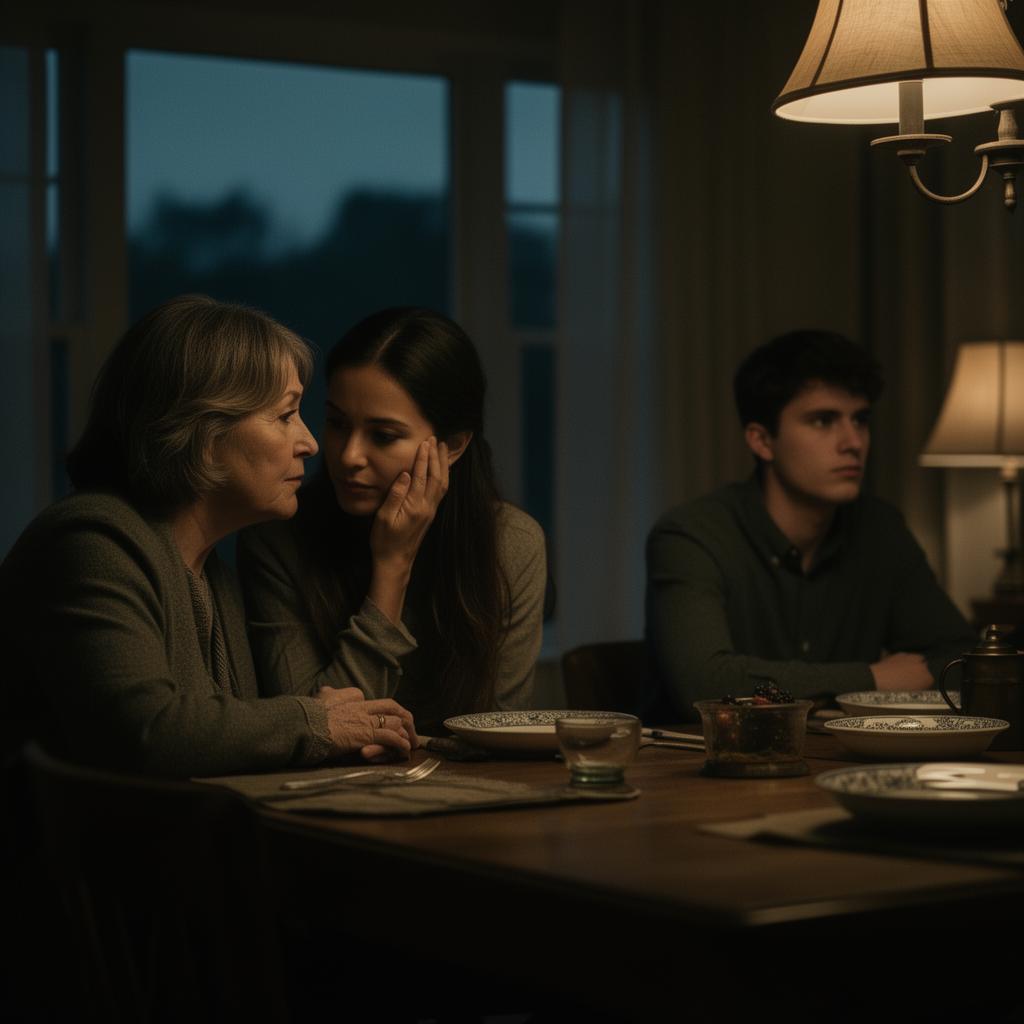 A dim dining room at dusk where two family members lean in and whisper to each other while a young adult man sits isolated at the far end of the table