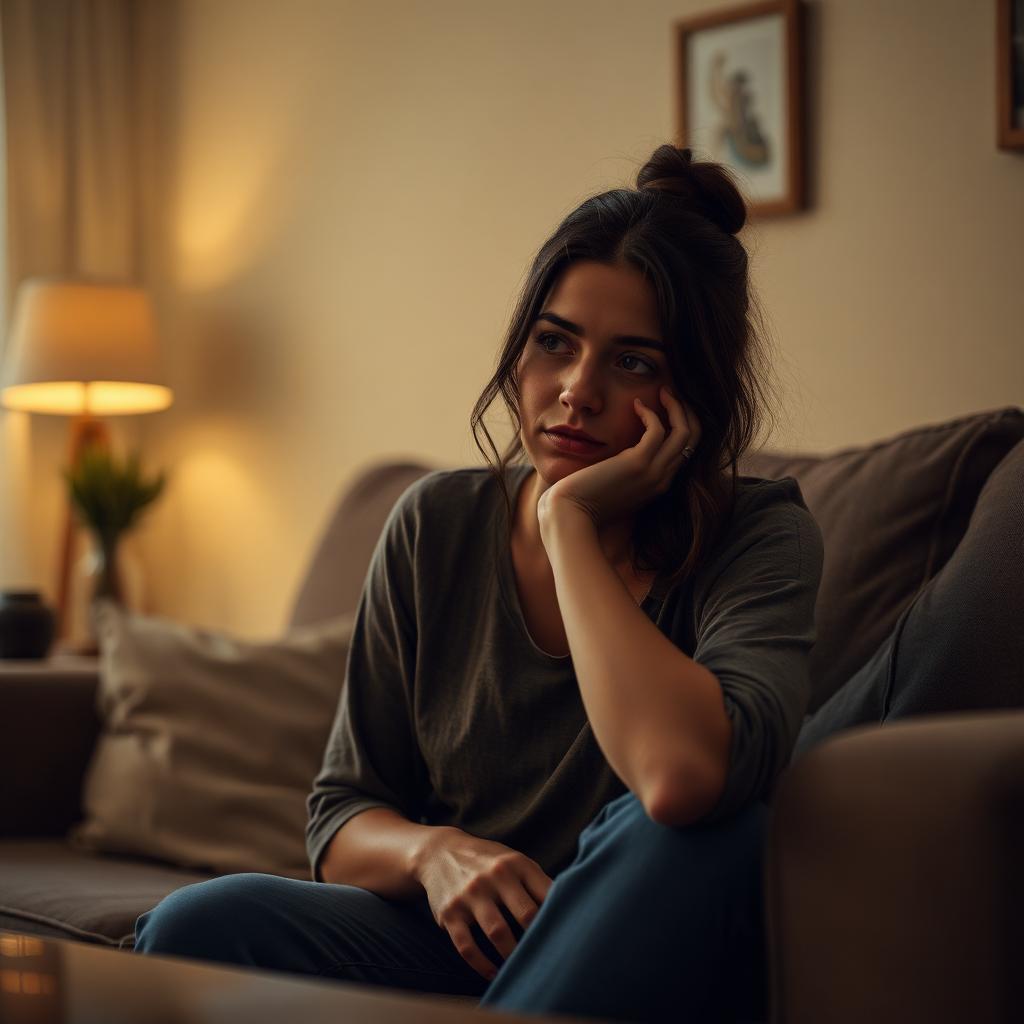 A worn-out woman in her early thirties sitting on a couch in a softly lit living room at dusk, head resting on her hand, looking quietly exhausted