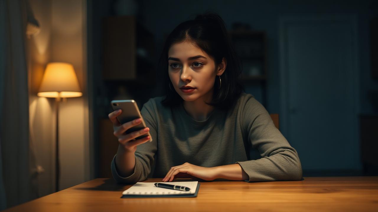 Young adult woman at a dim kitchen table at twilight, holding a phone and notepad, considering an important call