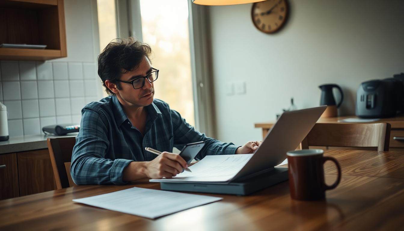 A professional interventionist sitting at a kitchen table with papers, a laptop, and coffee, preparing notes for an upcoming family intervention in warm morning light