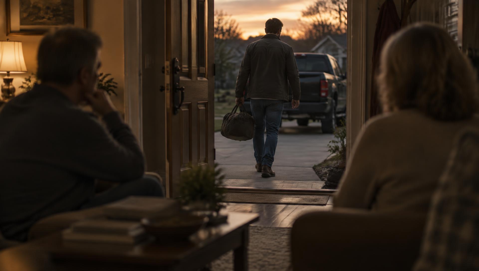 A man in his thirties walking away from a suburban living room toward a pickup truck at dusk, seen from behind through an open front door while two adults sit inside