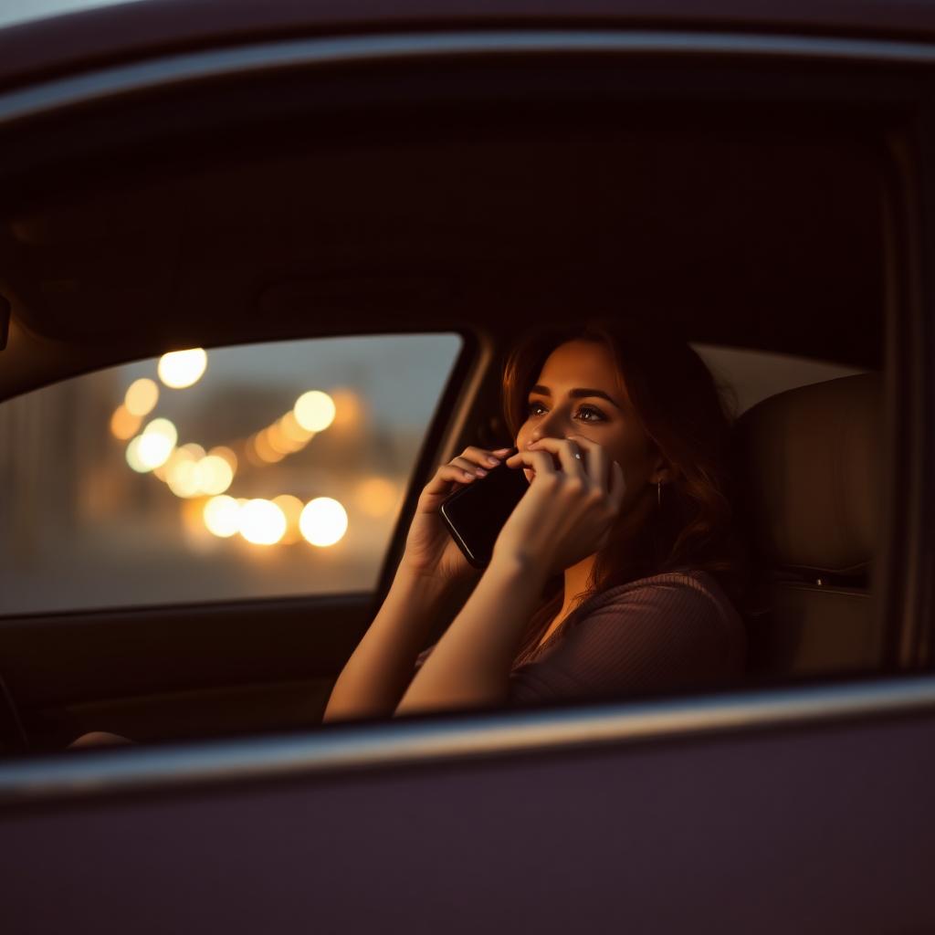 A woman sitting alone in her parked car at dusk, holding a phone to her ear