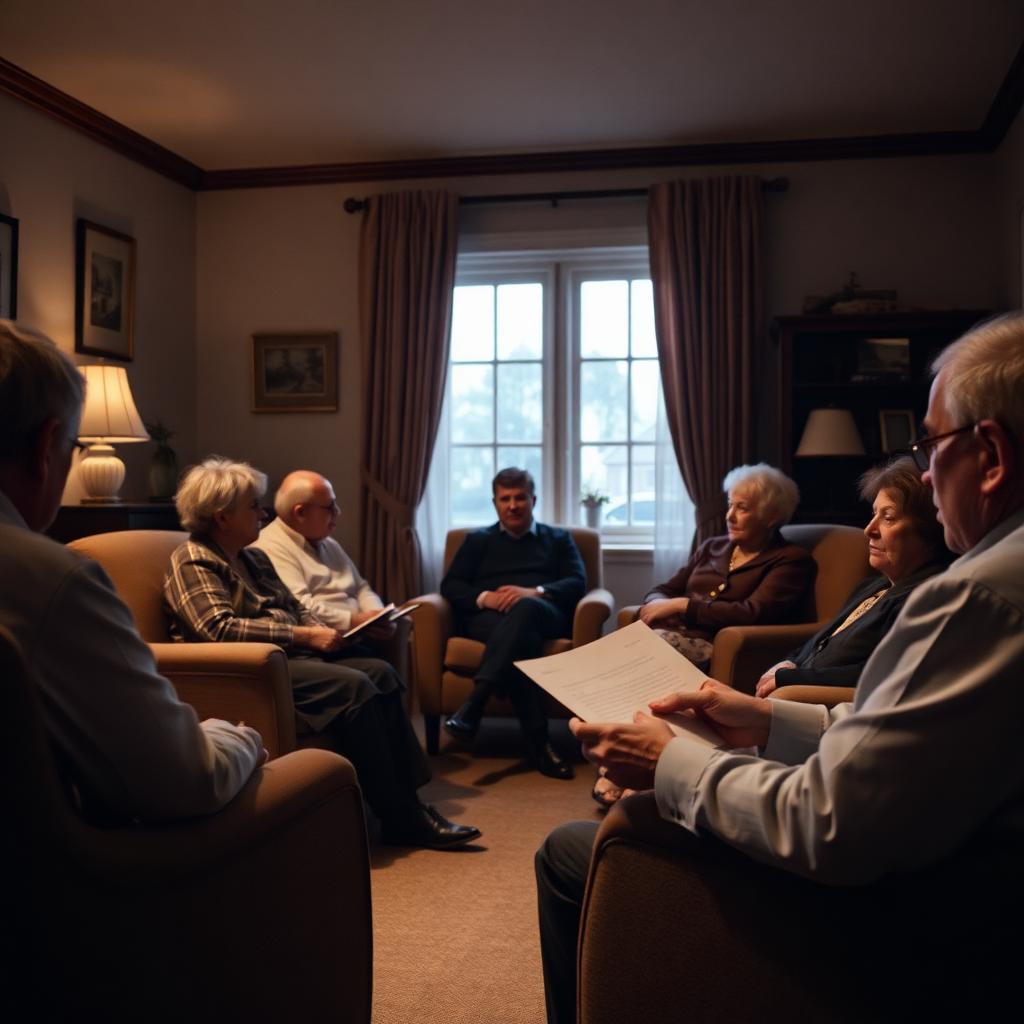 A family sitting calmly in a circle of chairs in a warmly lit living room during an intervention, one person holding a prepared letter