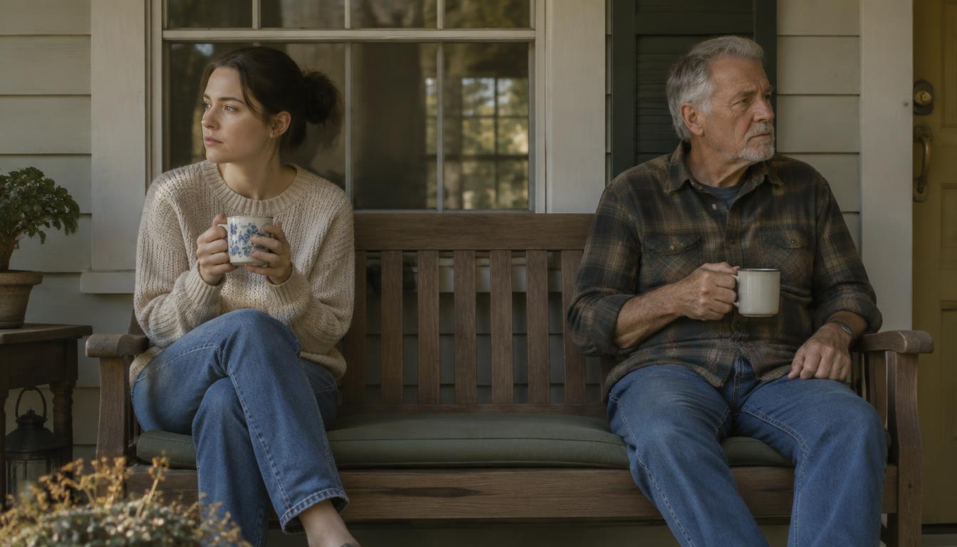 A woman in her early thirties and her father in his sixties sitting apart on a porch bench with coffee, a cautious distance between them