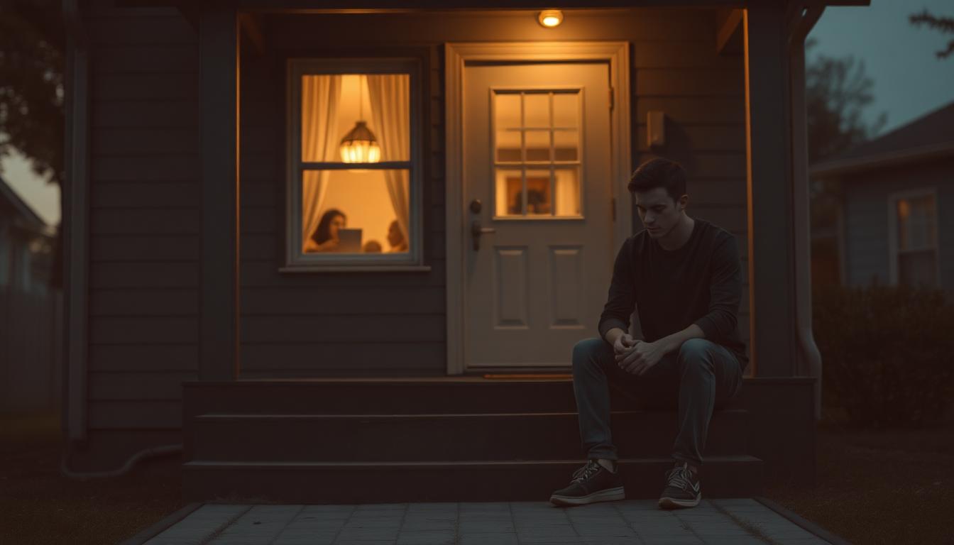A young adult man sitting alone on the front steps of a house at dusk, head bowed, while family is visible through a warmly lit window behind him