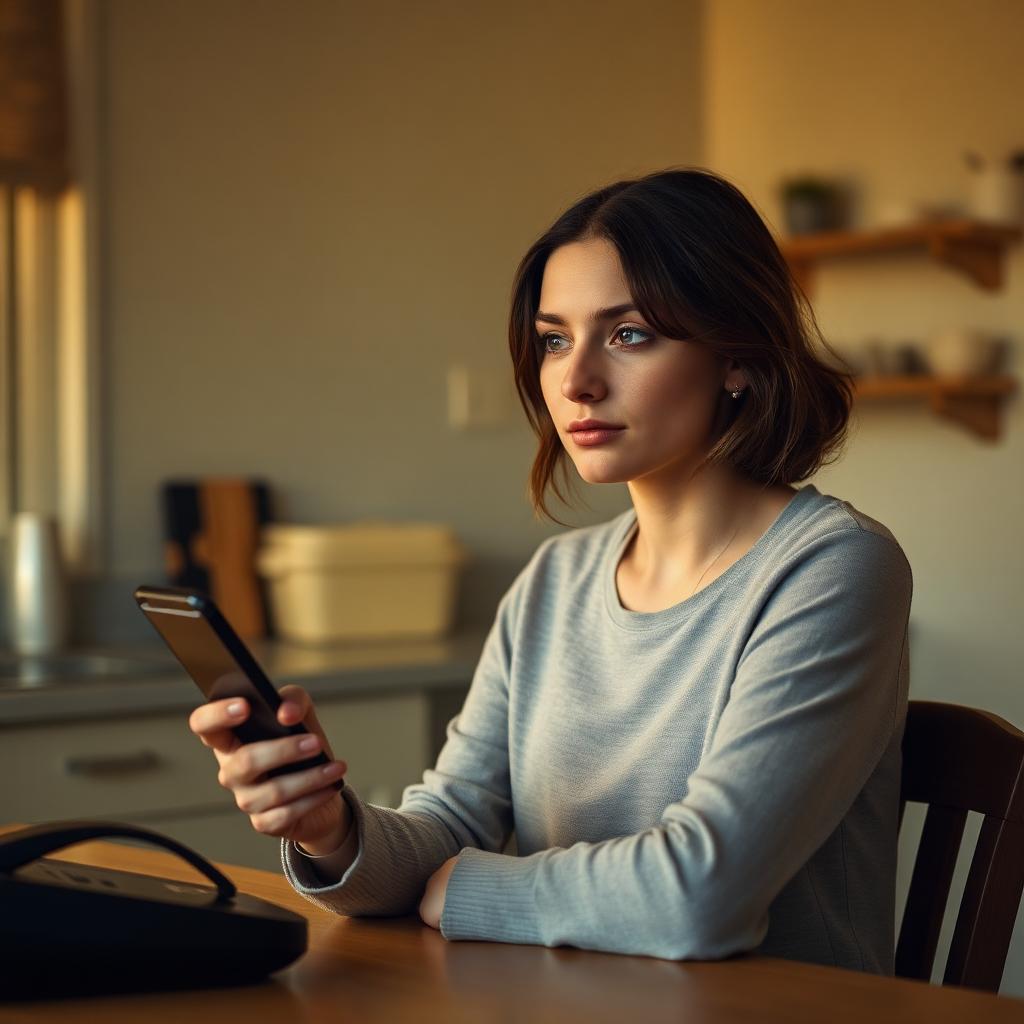A young adult woman sitting alone at a kitchen table in warm evening light, holding a phone and thinking about making an important call