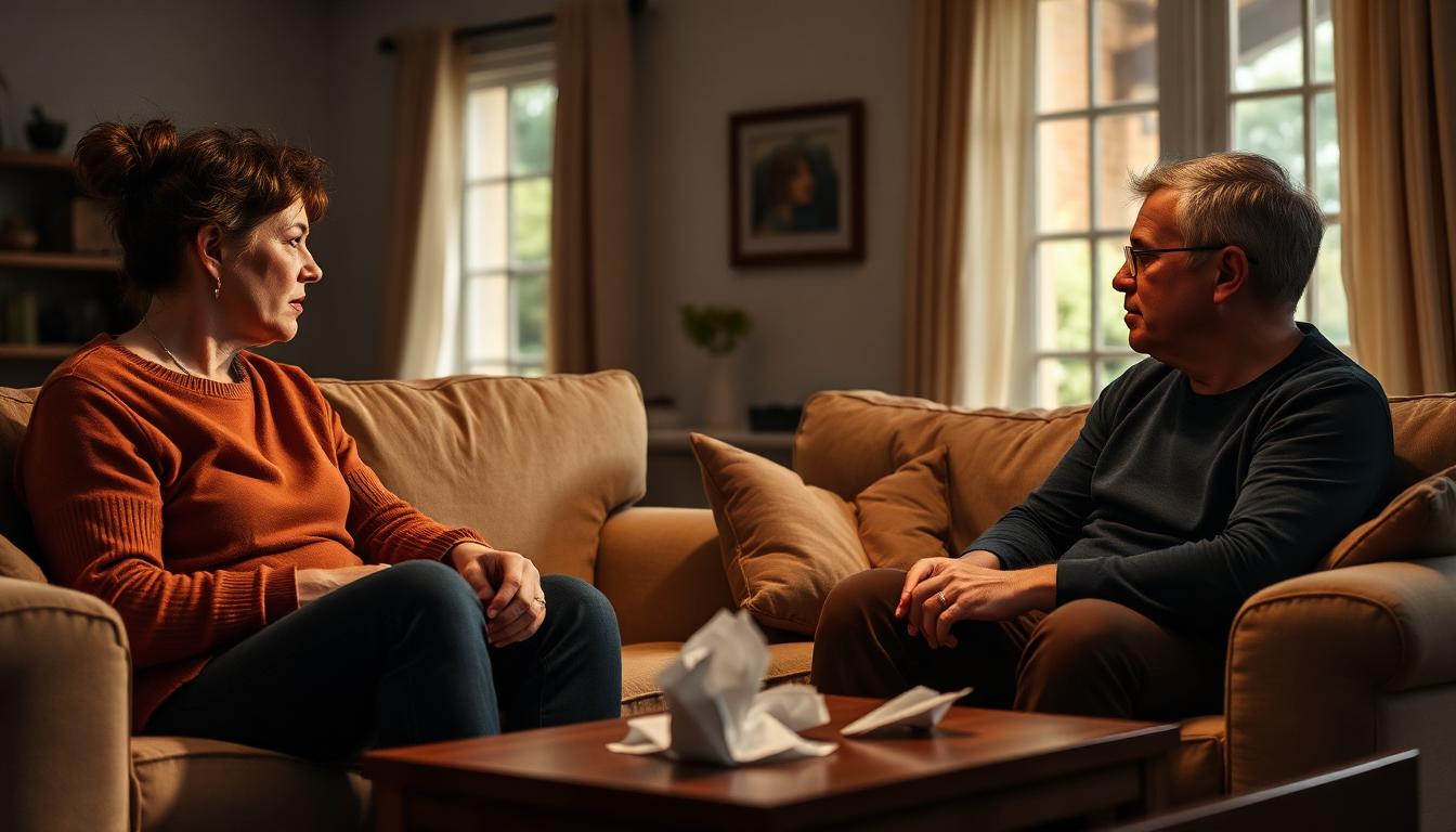 A family having a serious, emotional conversation in their living room about addiction intervention