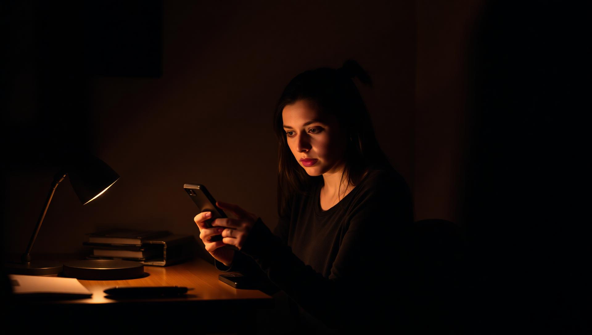 A young adult woman alone at a desk at night, holding her phone, deciding whether to call for help with a loved one's addiction
