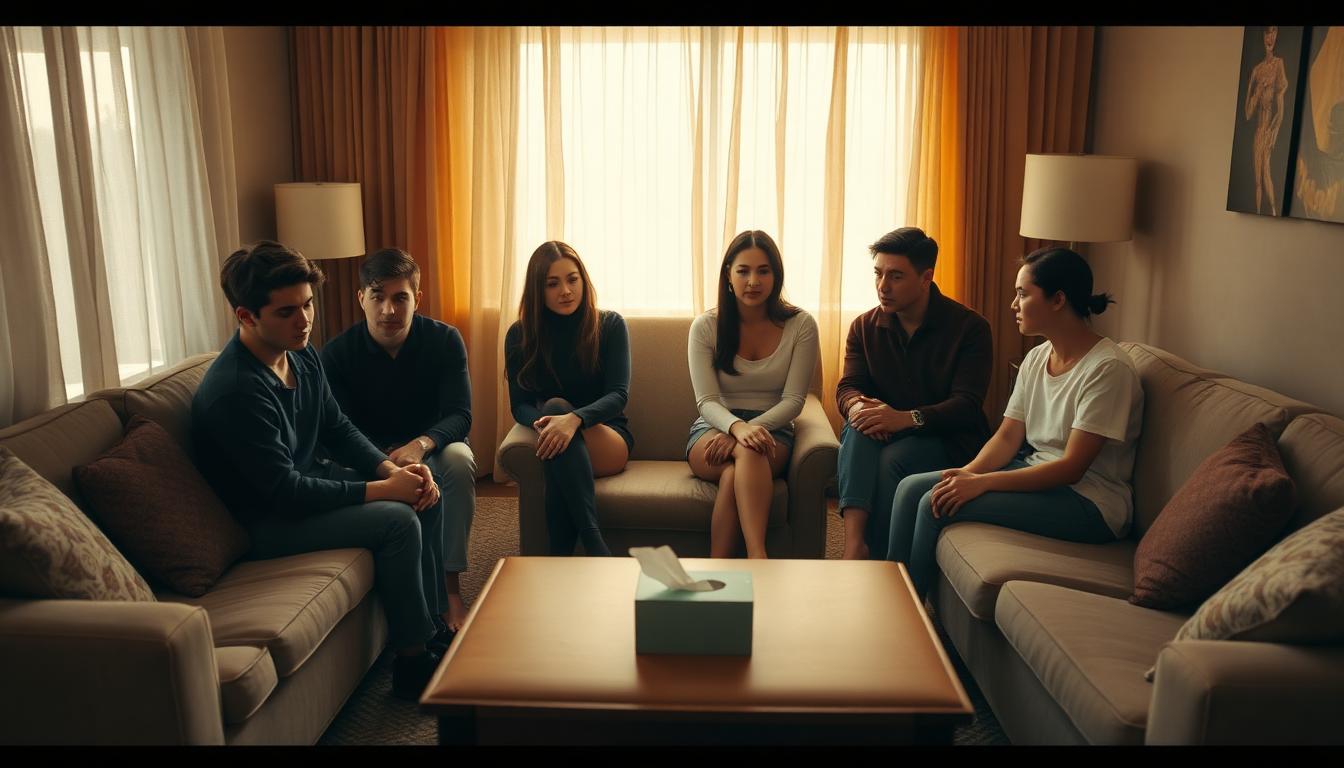 A small group of young adults sitting in a semicircle around one empty chair in a softly lit living room, waiting for an intervention to begin