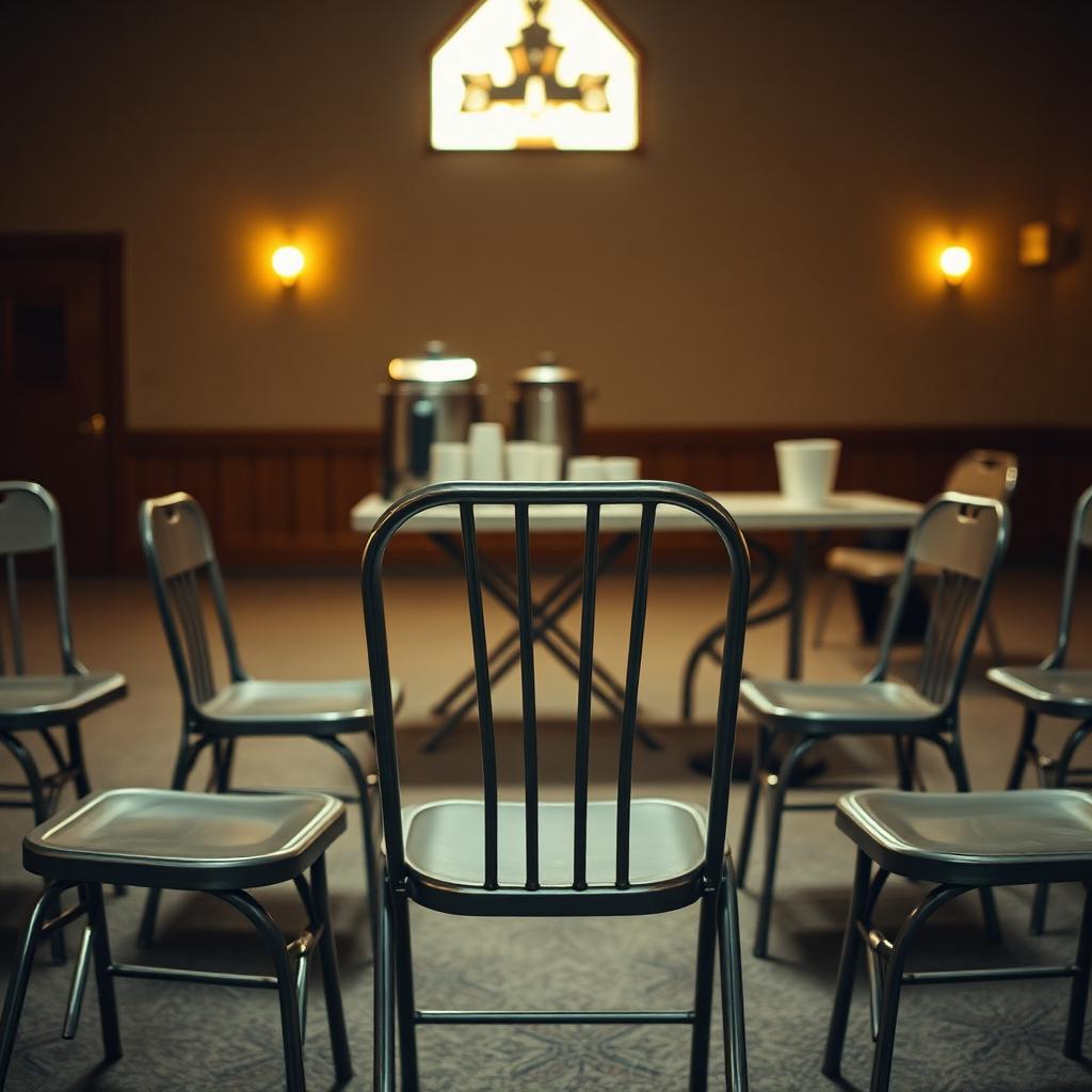 An empty metal folding chair in a softly lit church basement recovery meeting room with a coffee urn on a folding table in the background