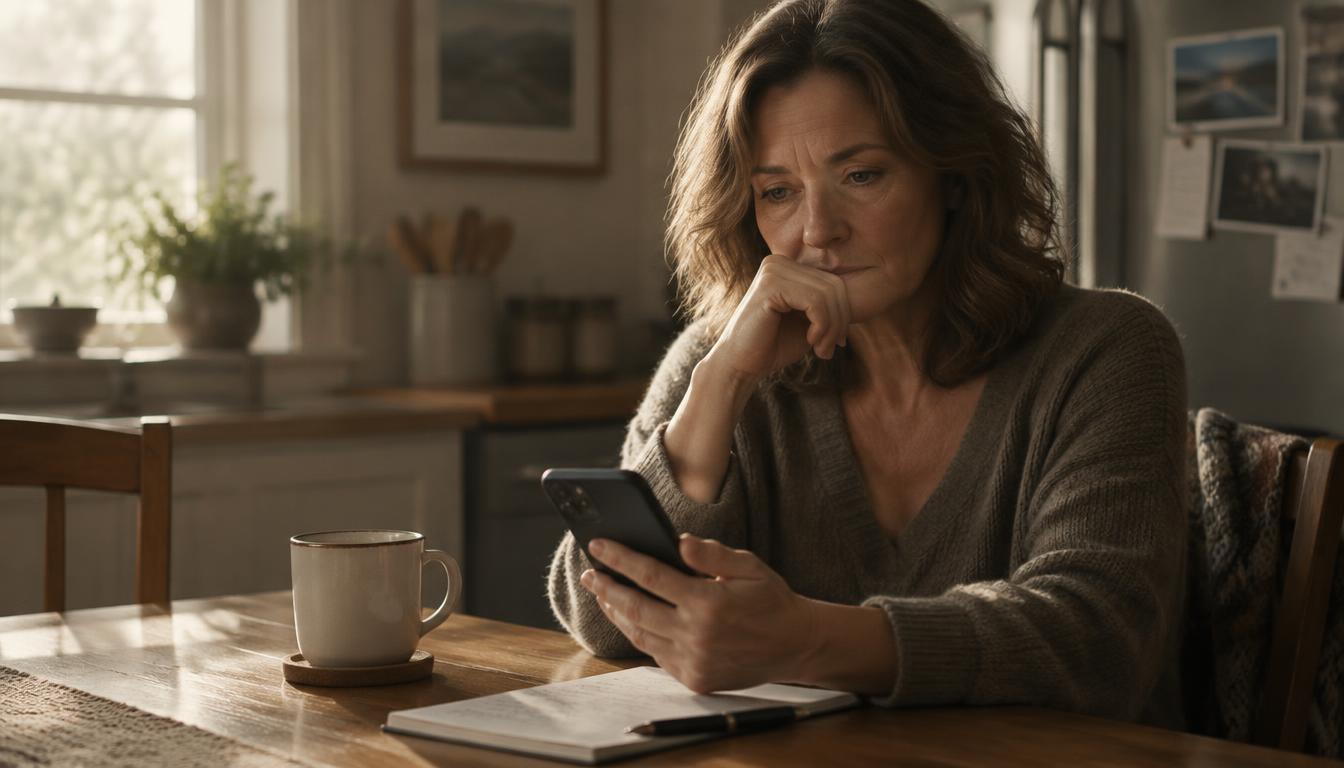 A woman in her early fifties sitting alone at a kitchen table in morning light, holding a phone and hesitating before making a call