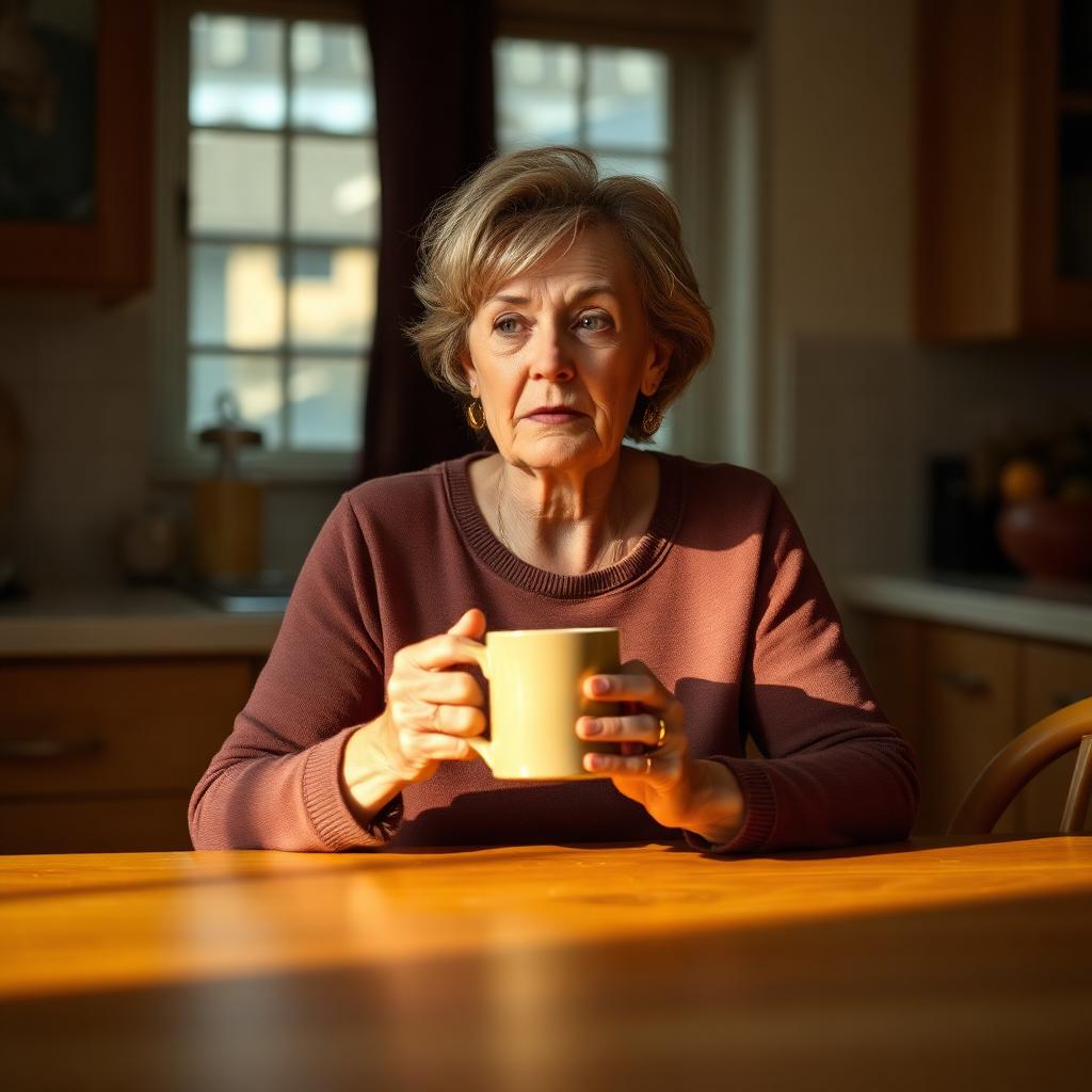 A mother in her 50s sitting alone at a warmly lit kitchen table in the early morning, holding a coffee mug with quiet determination
