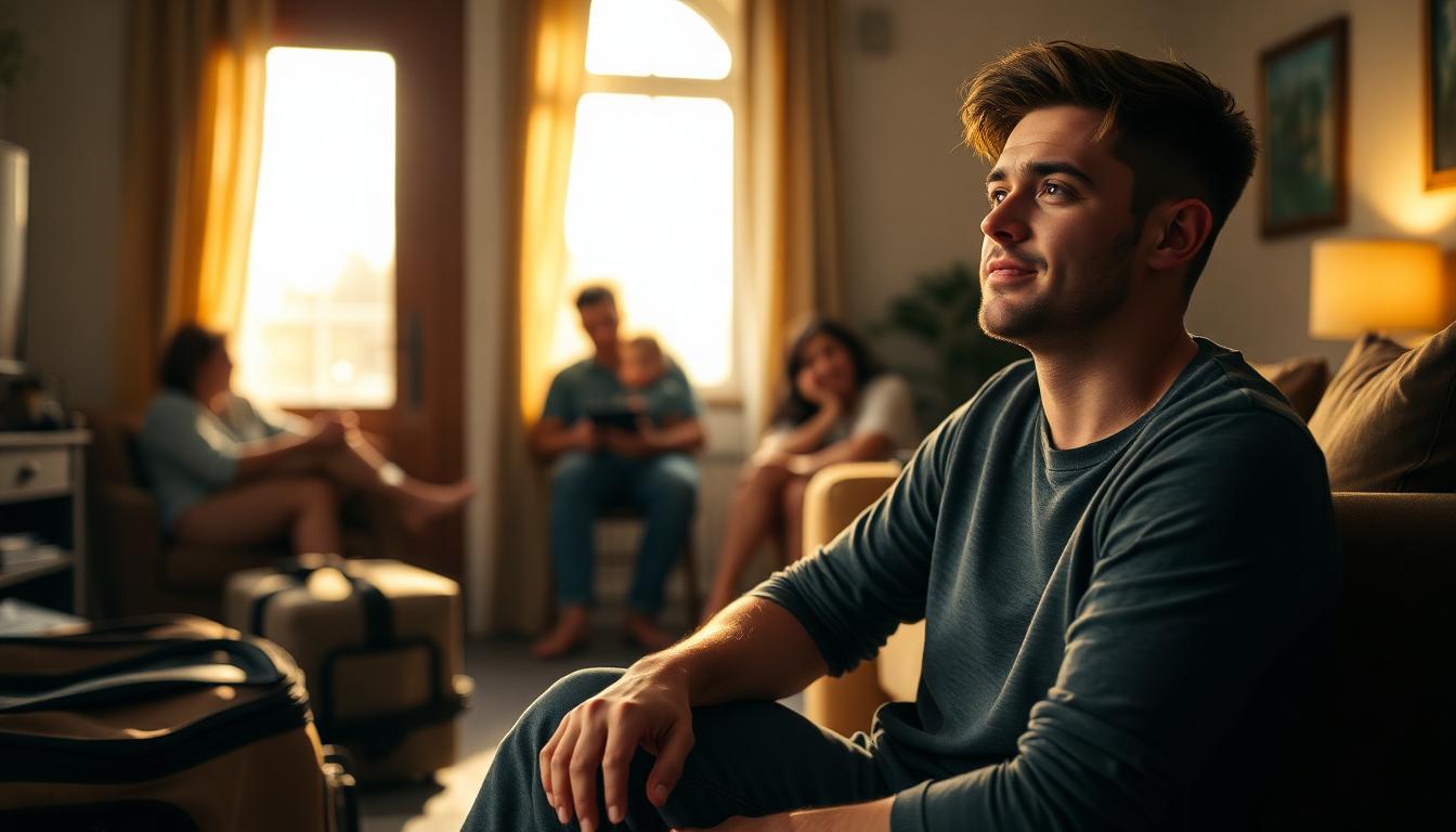 Young adult man sitting in a warm living room with family members in soft focus and a packed bag by the door, conveying a pivotal moment of decision